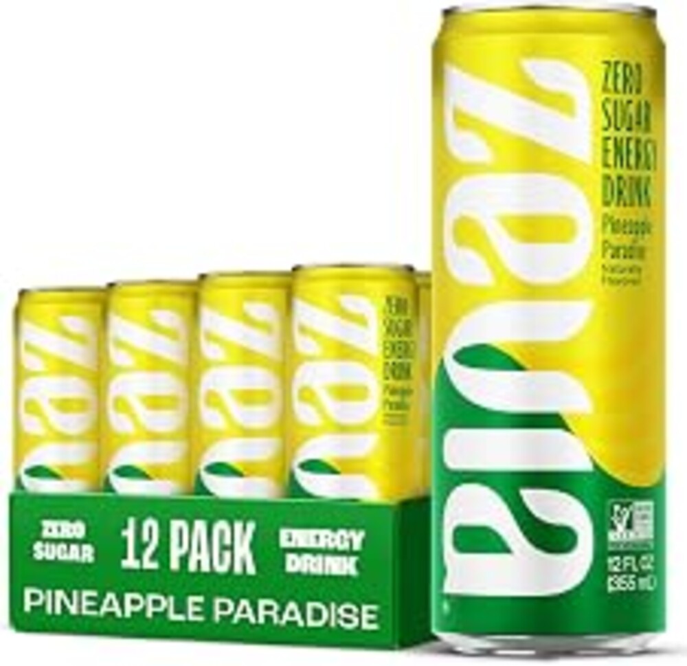 Zevia Zero Sugar Energy Drink, Pineapple Paradise, 12 oz Cans (12-Pack) – Naturally Sweetened, Non-GMO Project Verified, Gluten-Free, Vegan