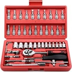 Egofine 46 Pieces 1/4 inch Drive Socket Ratchet Wrench Set, with Bit Socket Set Metric and Extension Bar for Auto Repairing and Household, with Storage Case