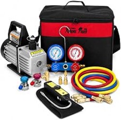 XtremepowerUS 4 CFM HVAC Vacuum Pump Kit with R134a R22 R32 R410A Manifold Gauge Set, Leak Detector, R134a Quick Couplers, Can Tap & Carry Bag for AC Refrigeration Recharge