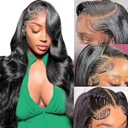 Human Hair Wigs for Women Body Wave 13x6 Lace Front Black Wig Pre Plucked | 180 Density, HD Transparent Lace, 28 Inch Frontal Human Hair Wigs, Natural Hairline Bleached Knots, No Shedding, No Tangling