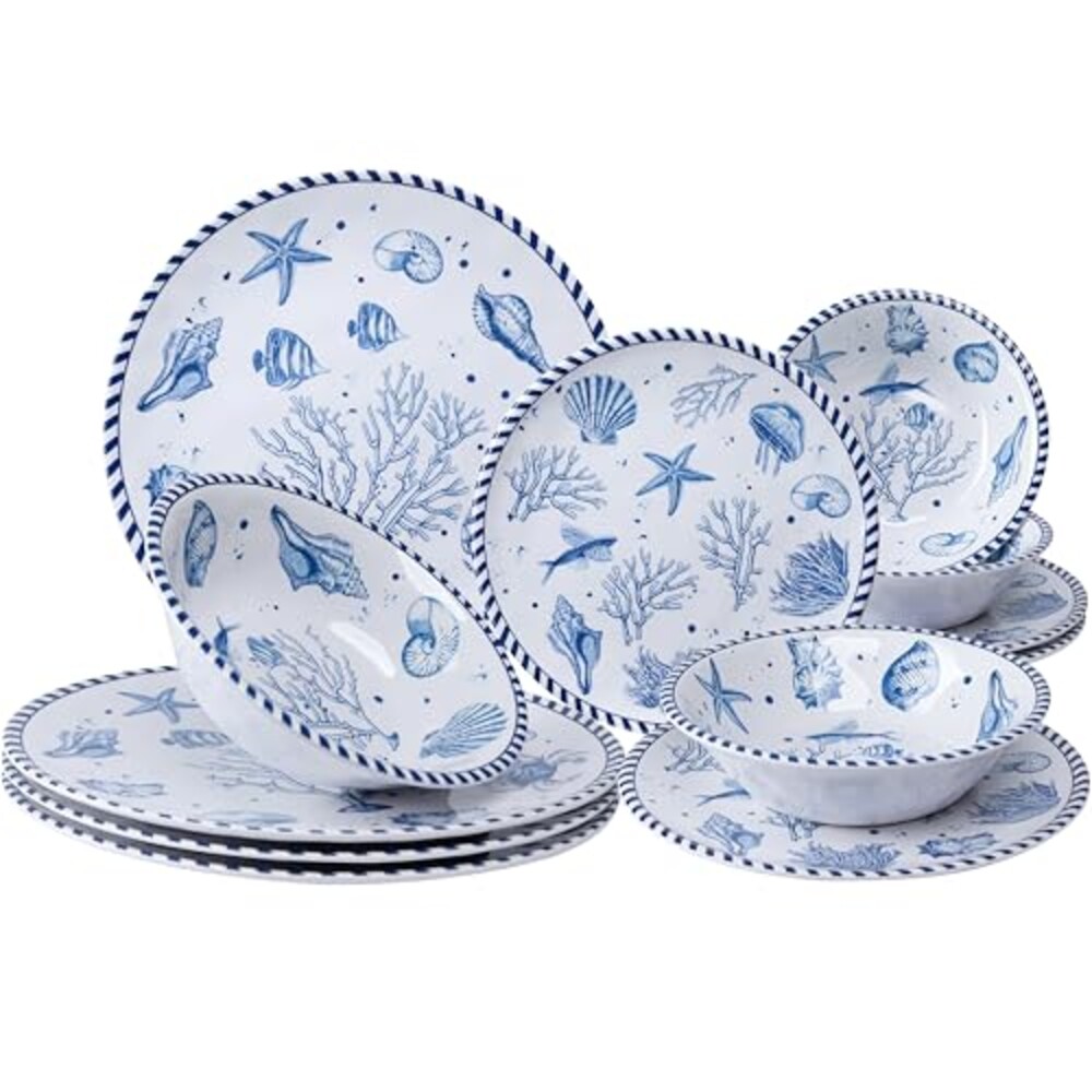 LEHAHA 12-Piece Coastal Melamine Dinnerw