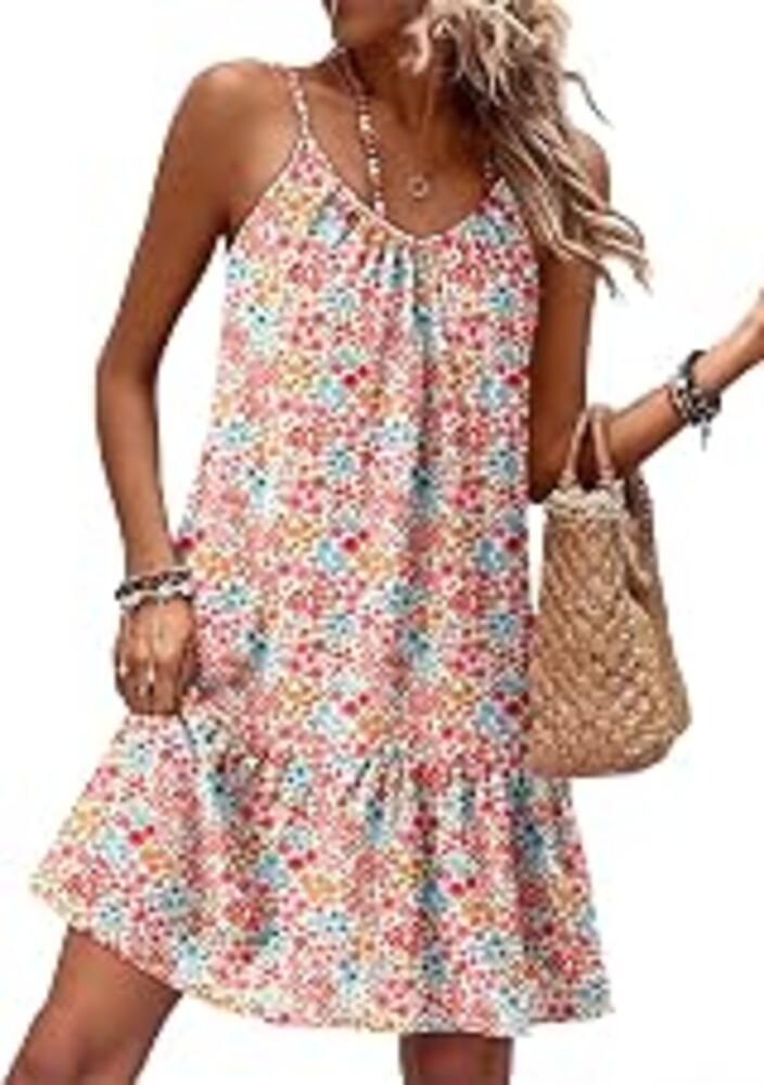 Dokotoo Womens Summer Dresses Spaghetti Strap Smocked Flowy Boho Dresses | Holiday Beach Outfits,Casual Scoop Neck,Floral Print Sundresses,Graduation,Ruffle A Line Vacation Clothes,SleevelessLoose Fit