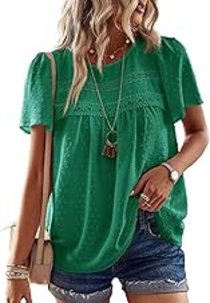 Falechay Womens Summer Tops Flowy Boho Shirts Dressy Casual Short Sleeve | Crewneck Loose Fit Blouses, Hide Belly Fat, Lace Hem Ladies Tunic, Babydoll Crochet Clothes, Swiss Dot, Work, Vintage, XS-6XL