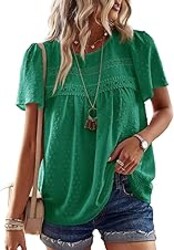 Falechay Womens Summer Tops Flowy Boho Shirts Dressy Casual Short Sleeve | Crewneck Loose Fit Blouses, Hide Belly Fat, Lace Hem Ladies Tunic, Babydoll Crochet Clothes, Swiss Dot, Work, Vintage, XS-6XL