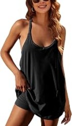 Lentta Womens Athletic Sleeveless Mini Dress with Built-in Shorts V Neck Spaghetti Strap Sundress
