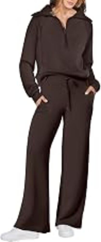 ANRABESS Women 2 Piece Set Sweatsuits Lounge Fall Outfits | Quarter Zip Pullover Wide Leg Pants & Pockets Matching Set,Casual Travel Fashion Airport Vacation Clothing,Sweat Track Suits
