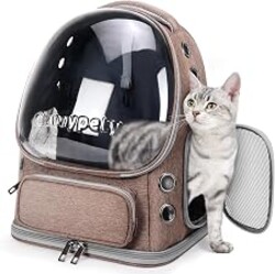 Cawypety Cat Backpack Carrier Large Space Bubble Backpack up to 12lbs Khaki | Breathable Mesh, Safety Leash, Sturdy, Transparent & Foldable Pet Carrier for Travel Hiking, Pet Backpack for Kitty Small Dog