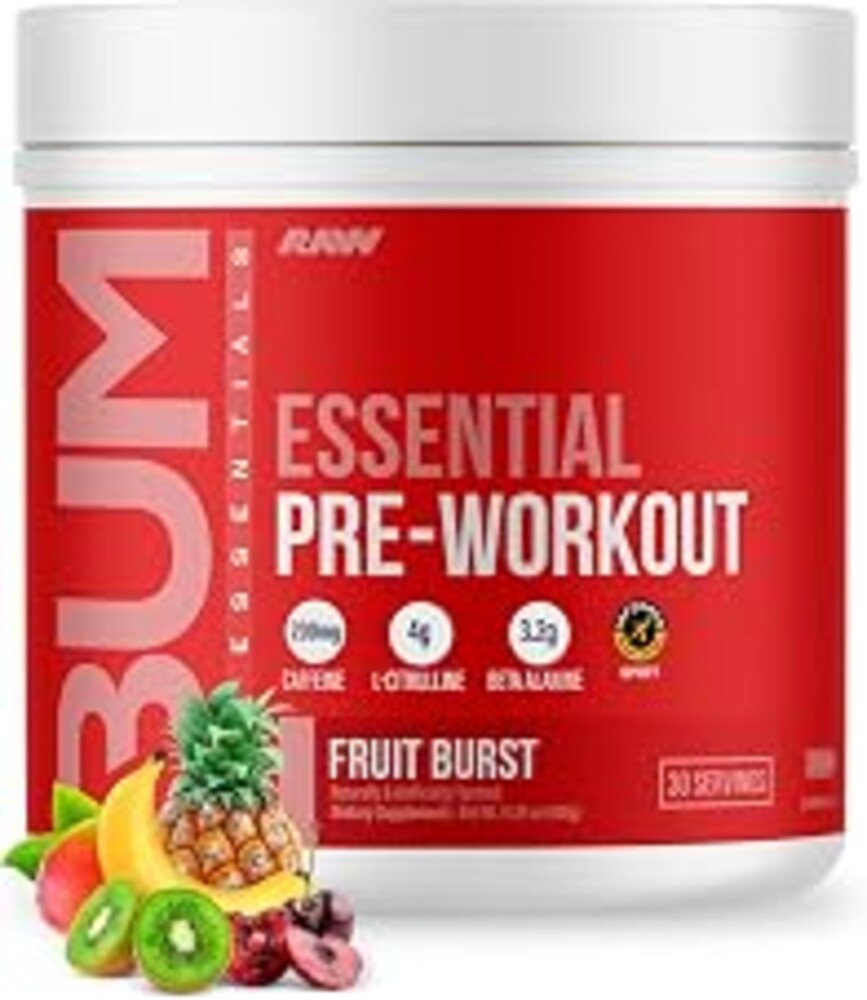 RAW Essential Pre-Workout Powder (Fruit Burst) - Chris Bumstead Sports Nutrition Supplement for Men & Women - Preworkout Energy Powder with Caffeine, L-Citrulline, L-Tyrosine, & Beta Alanine Blend