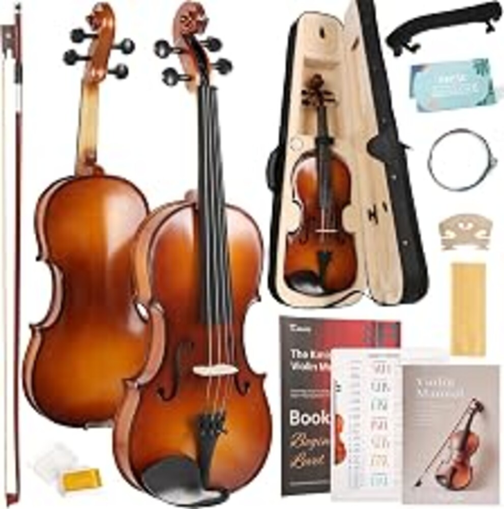 Kmise Violin 4/4 Full Size Starter Kit for Students Beginners Adults, Quality Ebony Acoustic Fiddle Set with Hard Case, Bow, Rosin, Extra Strings, Shoulder Rest, Guide & Chart