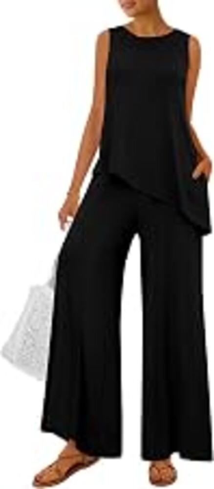 PRETTYGARDEN Women's Summer 2 Piece Matching Lounge Sets | Comfy Loungewear,Sleeveless Split Hem,Asymmetrical Tank Tops,High Waisted Pockets,Wide Leg Pants,Tracksuit,Airport Outfits