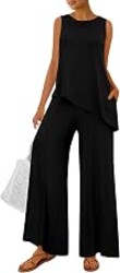 PRETTYGARDEN Women's Summer 2 Piece Matching Lounge Sets | Comfy Loungewear,Sleeveless Split Hem,Asymmetrical Tank Tops,High Waisted Pockets,Wide Leg Pants,Tracksuit,Airport Outfits