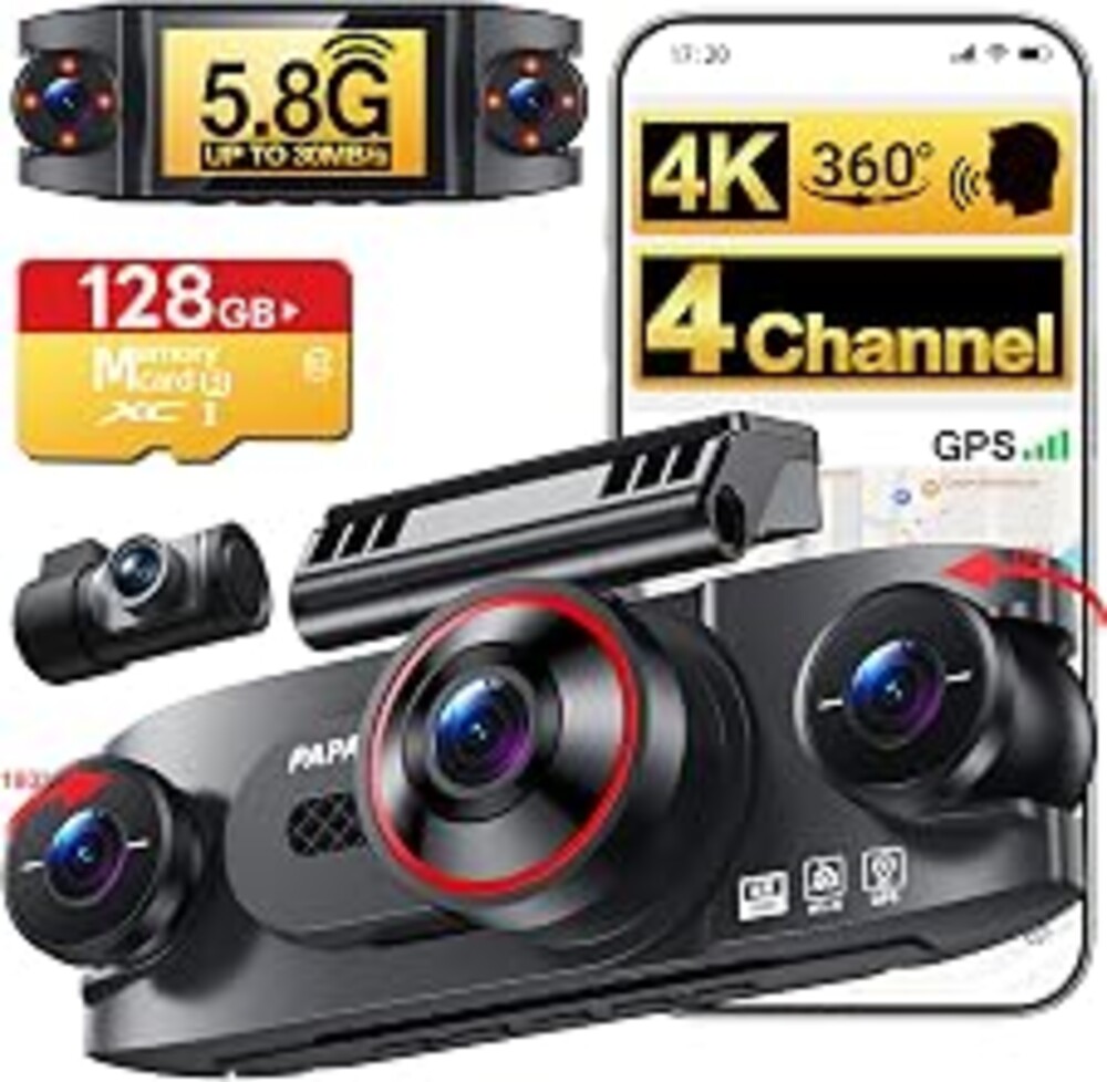 4 Channel 360° Dash Cam, 4K Front + 1080P Rear/Left/Right, 5GHz WiFi 30MB/s | Free 128GB SD Card, Voice Control Dash Camera, APP, GPS, 3" IPS Screen, Night vision, G-Sensor, Parking Mode, Loop Recording