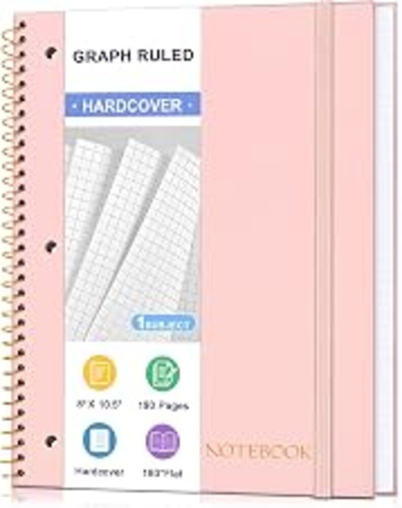 Spiral Notebook Graph Ruled Paper 8" x 10 1/2", 1 Subject Spiral Grid Notebook 3-Hole Punched Perforated Page Ideal for School, Office, Writing, 95 Sheets Lined Journaling Graphing Notebook, Pink