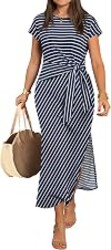 ANRABESS Womens Summer Wrinkle-Free Maxi Dress | Crew Neck, Tie Waist Split Fit Long Fashion Dresses, Casual Dressy, Travel Vacation Outfits, 2026 Fall Layer