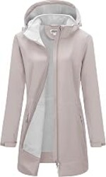 Outdoor Ventures Women's Softshell Jacket Waterproof Fleece Lined Raincoat | Insulated Warm Rain Jacket, Removable Hood, 2-Way Zipper, Light Long Windbreaker Coat for Spring Fall Winter Hiking Travel