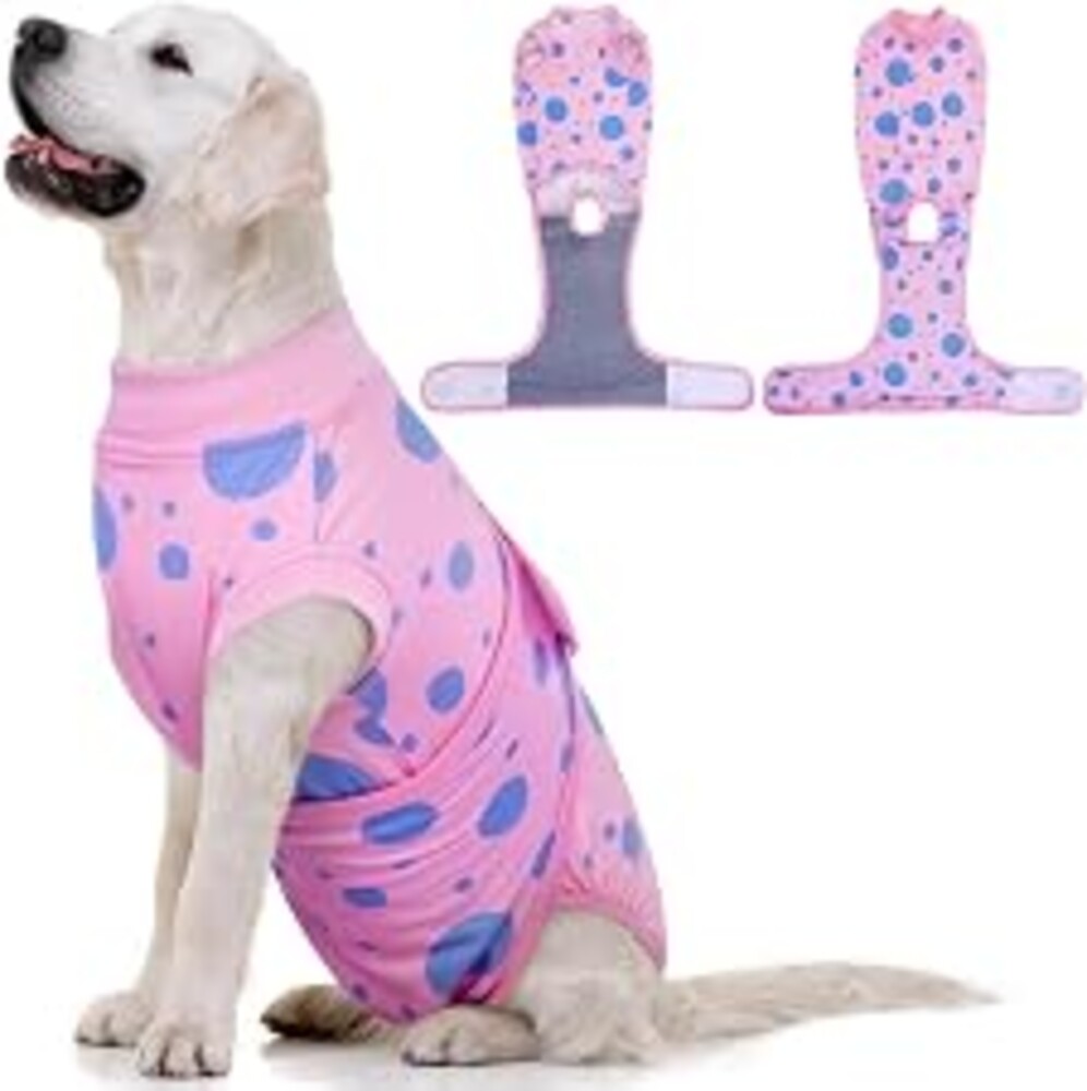 Kuoser Dog Surgery Suit, Soft Dog Spay Recovery Suit Female, Anti Licking Neuter Recovery Suit for Male Dogs, Post-Op Pet Surgical Suit Protective Wear E-Collar & Cone Alternative,Pink Polka Dots 2XL