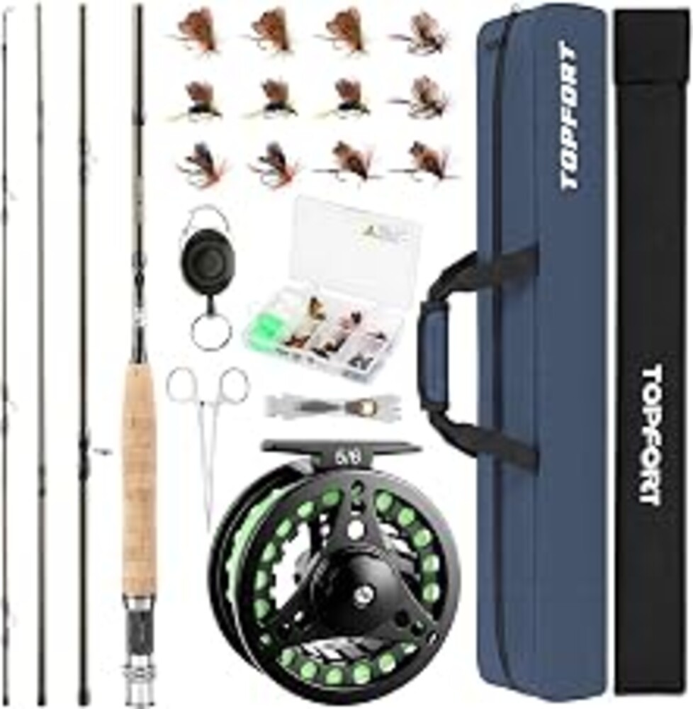 TOPFORT Fly Fishing Rod and Reel Combo, 4-Piece Fly Rod Kit with Complete Fly Fishing Gear: Fly Rod, Pre-Spooled Fly Fishing Reel, Fishing Flies, Leader, Forceps, Nipper and Carrying Case