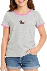 EUZ Girls Embroidery Contrast Trim Short Sleeve Ribbed T-Shirt Sizes 6-16 | soft stretch ribbed tee, cute embroidery, contrast trim crew neck top, comfy daily wear for school, vacation and playdates