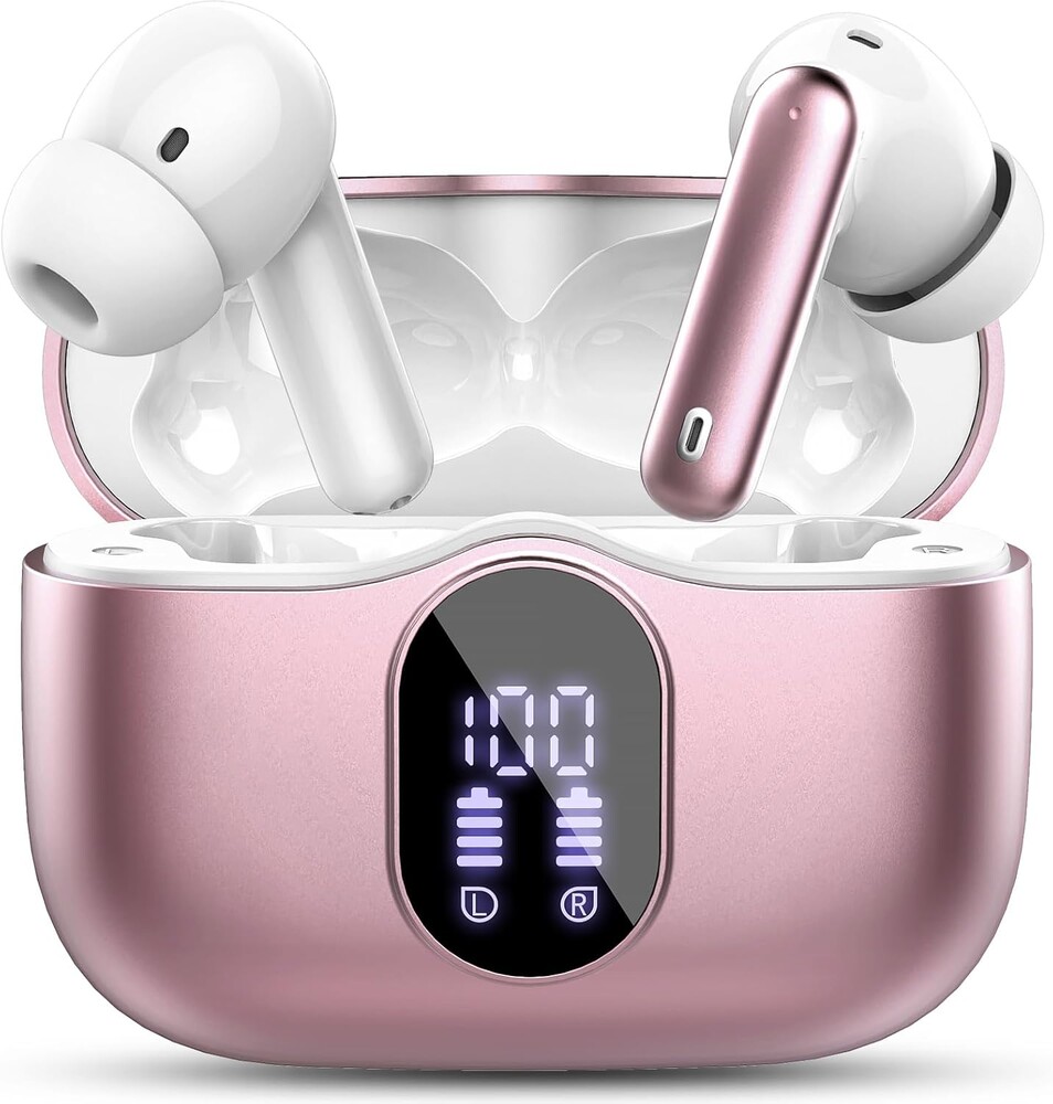 Wireless Earbuds, Bluetooth 5.4 Headphones Bass Stereo, Ear Buds with Noise Cancelling Mic, LED Display in Ear Earphones, IP7 Waterproof Bluetooth Earbuds, Rose Gold