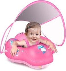 Baby Pool Float with Canopy UPF50+, 5 Point Safety Buckle for 3-36M | No Flip Over,Inflatable Toddler Floaties Infant Pool Floats with Double Air Chambers, Baby Beach Essentials/Traval