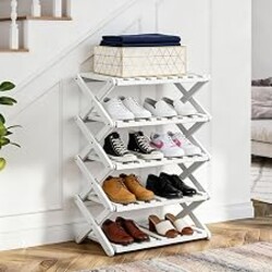 Glsety 5 Tier Bamboo Shoe Rack White,Portable Folding Shoe Storage Rack,Without Installation Small Shoe Rack Perfect for Corridors, Drom, Bedrooms and Small Spaces