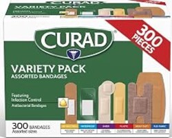 CURAD Assorted Bandages Variety Pack, 300 Count, 6 Styles Including Antibacterial, Waterproof, Sheer, Plastic, Heavy Duty & Flex-Fabric, Protects Scrapes, Cuts & Burns, Latex-Free