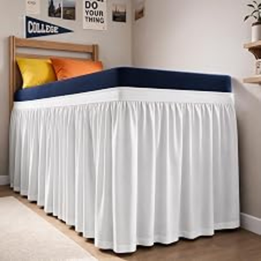 Dorm Room Bed Skirt Twin XL - College Dorm Room Essentials - White, 36 Inch | Extra Long Dust Ruffled College Bedskirt with Split Corners, Easy Fit Elastic Strap, Adjustable, Fade & Wrinkle Free