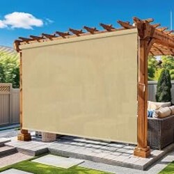 Solace Shade Boho Seasame Outdoor Roller Shade 7' W x 6' H, Exterior Cordless Patio Shades Roll up-Down Blinds Spliced Design (Fixed 2 Poles, One-Full Fabric Sunshade)