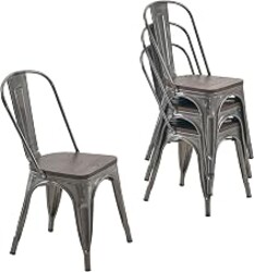 Nazhura Metal Dining Chair Farmhouse Tolix Style for Kitchen Dining Room Patio, 18 Inch, Stackable, Waterproof Indoor/Outdoor (Sets of 4) (Brushed Metal with Wood Padding)