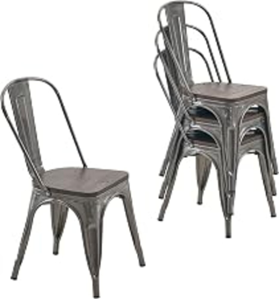 Nazhura Metal Dining Chair Farmhouse Tolix Style for Kitchen Dining Room Patio, 18 Inch, Stackable, Waterproof Indoor/Outdoor (Sets of 4) (Brushed Metal with Wood Padding)