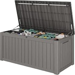 GULAIMOAO Outdoor Storage Waterproof Deck Box for Patio (150 Gallon, Grey) | Large Lockable Outside Storage Boxes for Cushion, Resin Weatherproof Garden Storage Bench, Package Delivery Box