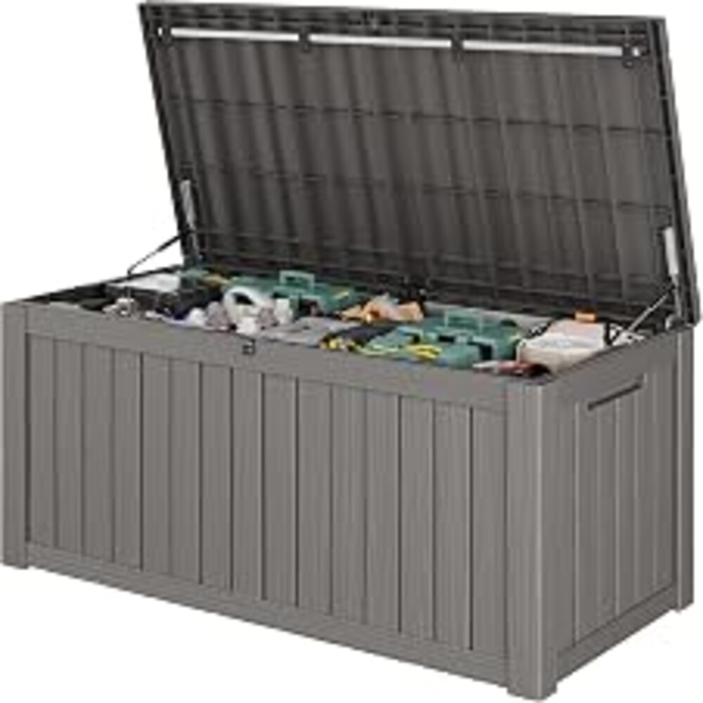 GULAIMOAO Outdoor Storage Waterproof Deck Box for Patio (150 Gallon, Grey) | Large Lockable Outside Storage Boxes for Cushion, Resin Weatherproof Garden Storage Bench, Package Delivery Box