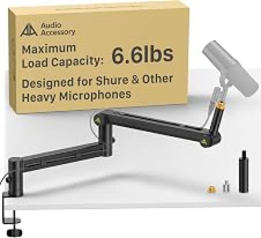 AA AUDIO ACCESSORY Mic Arm Desk Mount (Design for Heavy Mic) 6.6lbs Load Capacity, Stable Gear Lock Never Sags, Metal Low Profile Microphone Boom Stand for Shure SM7B SM7dB MV7, Blue Yeti, Rode PodMic