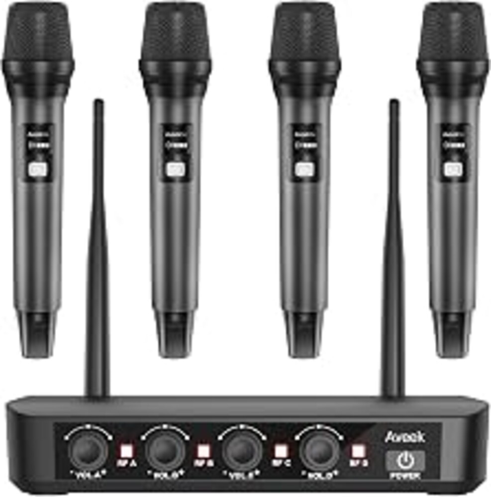 Aveek Wireless Microphone System 4 Pack, 262FT Long Range Low Latency Mics | 40H Rechargeable Battery, Stable Signal, Studio Sound, Handheld Karaoke Mics for Singing, Church, Speech, Wedding, Home Party