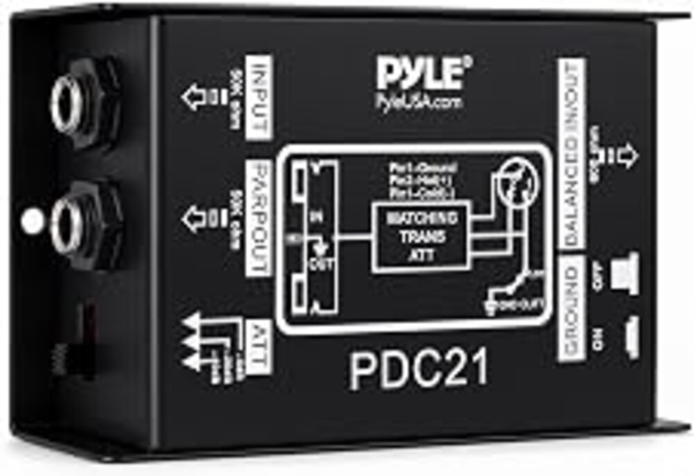 Premium Direct Injection Audio Box - Passive DI Unit Hum Eliminator w/Input Attenuator to Connect Guitar & Bass, 1/4'' Impedance Transformer Connector to Balanced & Unbalanced XLR, Black - Pyle PDC21