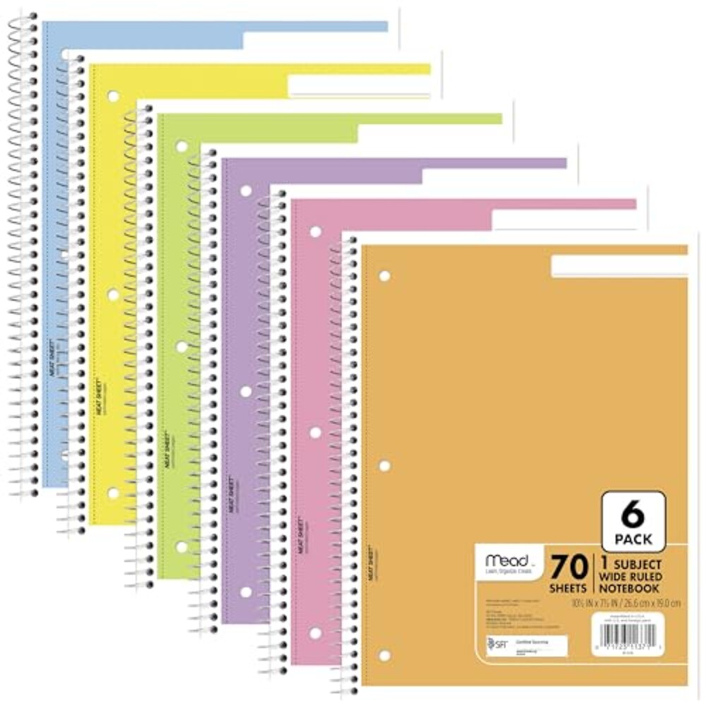 Mead Spiral Notebook, 6 Pack, 1 Subject,