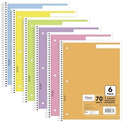 Mead Spiral Notebook, 6 Pack, 1 Subject,