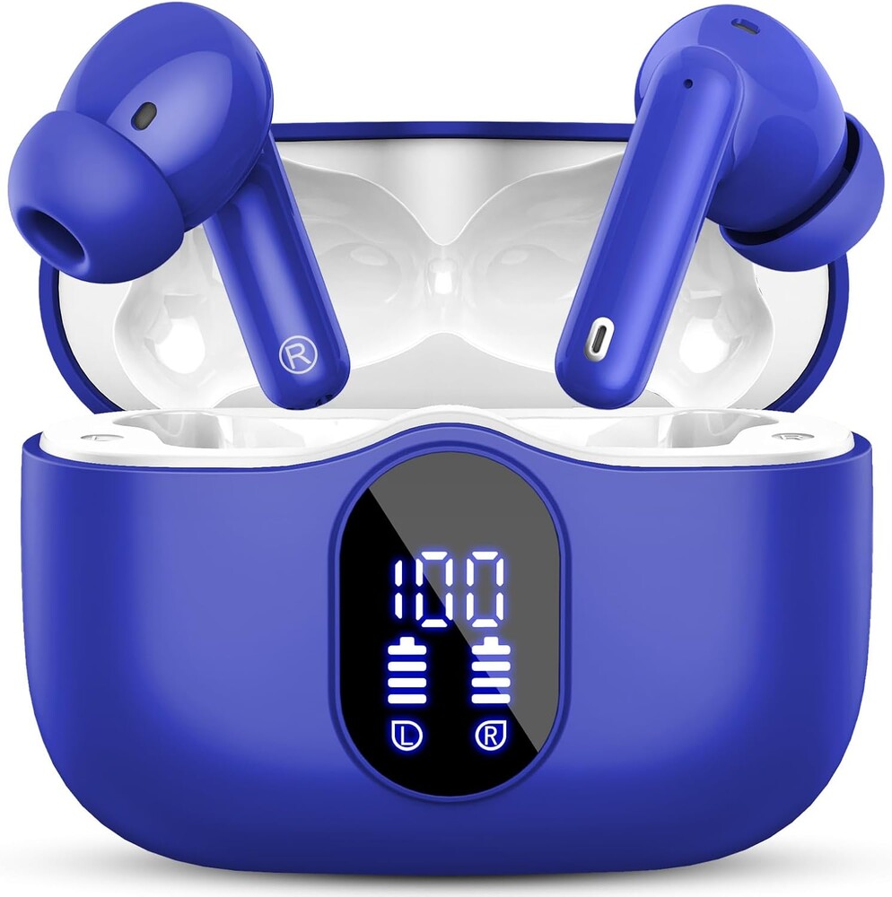 Wireless Earbuds, Bluetooth 5.4 Headphones Bass Stereo, Ear Buds with Noise Cancelling Mic, LED Display in Ear Earphones, IP7 Waterproof Bluetooth Earbuds, Blue