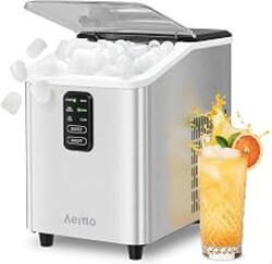 Aeitto Ice Maker Countertop 26lbs/24H Ice Makers Ready in 6-Min 8 Ice Cubes | 2 Sizes of Bullet Ice Portable Ice Machine with Basket/Scoop, Auto-Cleaning Energy-Saving for Home/Kitchen/Office Stainless