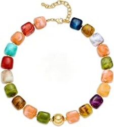 WOWORAMA Colorful Chunky Necklaces for Women Trendy Multicolor Large Square Resin Beads Necklace Boho Chunky Statement Choker Necklaces Y2K Summer Jewelry