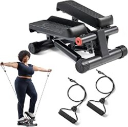 Sunny Health & Fitness Mini Stair Stepper w/Resistance Bands for Home Gym | Full Body Cardio, Adjustable Step Height, Hydraulic Resistance, LCD Meter, No Assembly, 300 lb Capacity, SunnyFit App