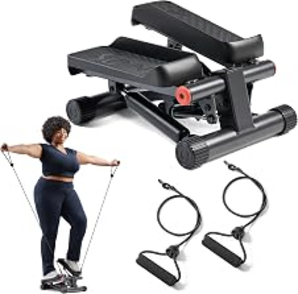 Sunny Health & Fitness Mini Stair Stepper w/Resistance Bands for Home Gym | Full Body Cardio, Adjustable Step Height, Hydraulic Resistance, LCD Meter, No Assembly, 300 lb Capacity, SunnyFit App