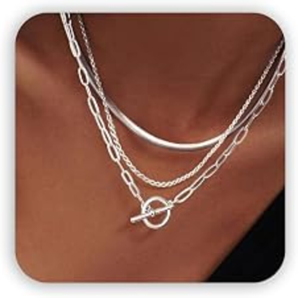 Freekiss 3-Piece Layered Toggle Necklace for Women | Gold/Silver necklace set with herringbone, rope, and paperclip chains plus a toggle clasp for layering, parties, and gifts