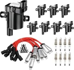 Round Coils Pack & Spark Plugs with Wires Compatible with Chevy Tahoe | Avalanche Express Silverado Suburban 1500 2500 3500/GMC Savana Sierra Yukon H2 Replace#UF262 D585 C1251