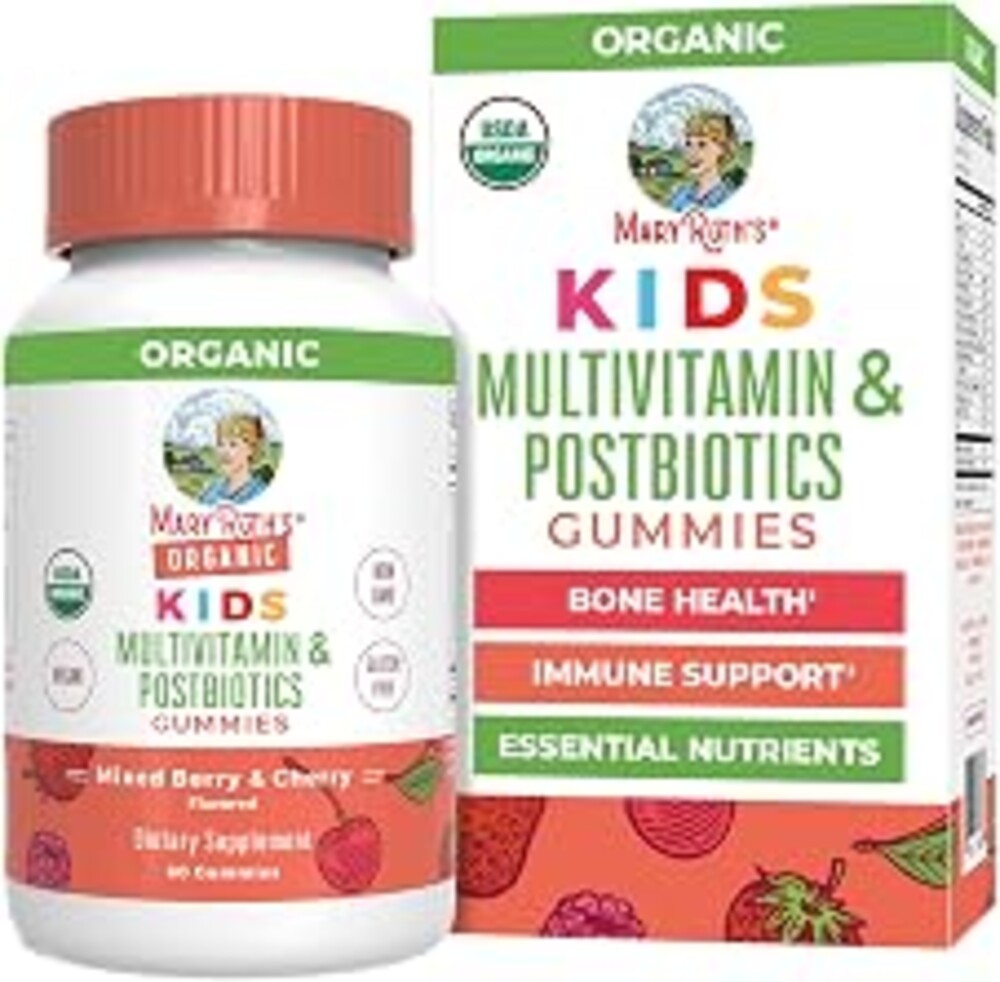 MARYRUTH'S USDA Organic Kids Multivitamin + Postbiotics Gummies, 60 Count | USDA Organic, Lactobacillus Rhamnosus, Vegan, Non-GMO, 60 Count