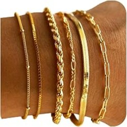 Dearmay Gold Bracelets for Women Waterproof, 14K Gold Plated Minimalist Bracelets Stack Non Tarnish Trendy Dainty Herringbone Vintage Cuban Paperclip Rope Thin Box Link Chain Stackable Jewelry Sets Modern Fashion Accessories Gifts for Womens