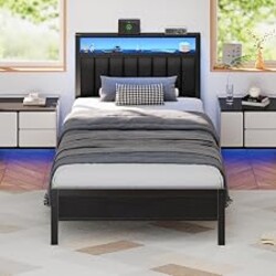 Furnulem Twin Size Bed Frame with Charging Station and LED Lights | Platform Bed with Grey Upholstered Headboard, 2-Tier Storage Shelf, Metal Slats, No Box Spring Needed, Noise-Free, USB+Type-C