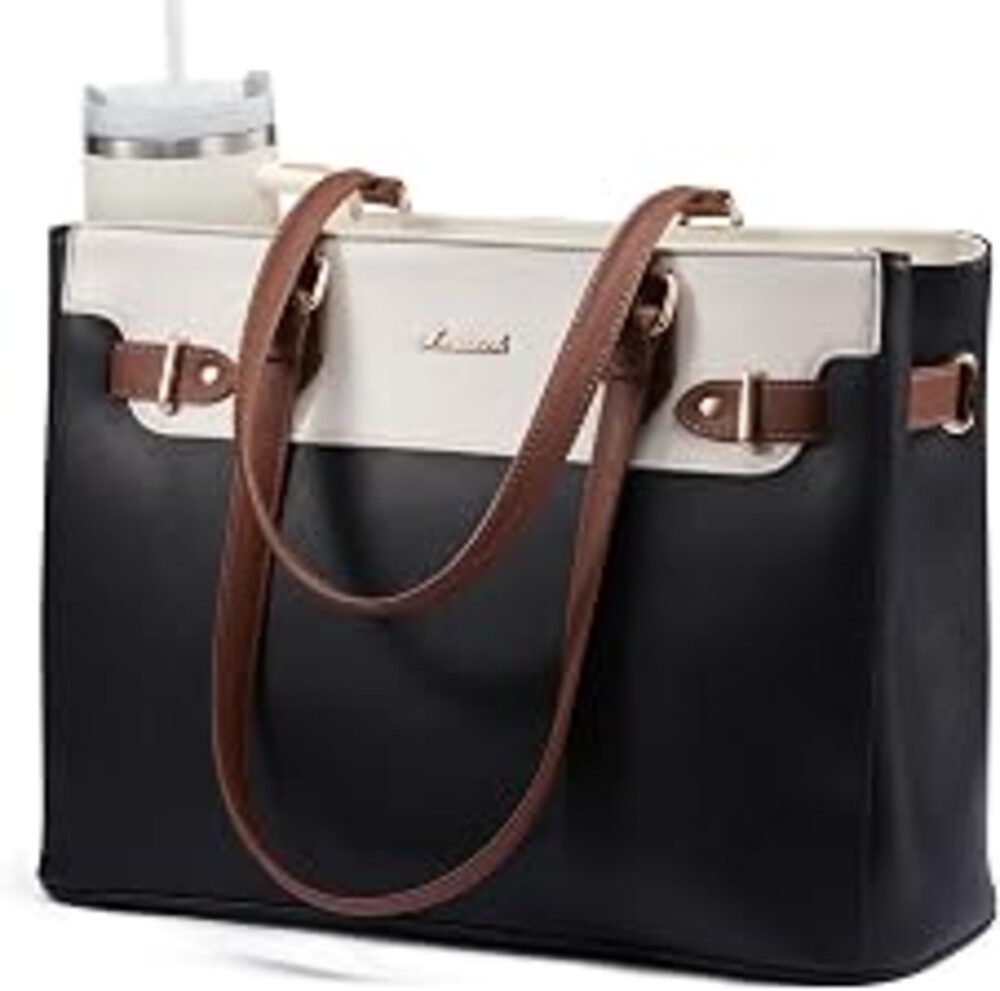 LOVEVOOK Laptop Tote Bag for Women Work, Teacher Tote Bag with Large Cup Holder, Waterproof Leather Computer Bag