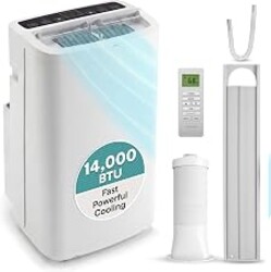 SereneLife Portable Air Conditioner 14,000 BTU with Built-in Dehumidifier - Portable AC unit for rooms up to 650 sq ft - Small AC Unit Remote Control, & Window Mount Exhaust Kit Included