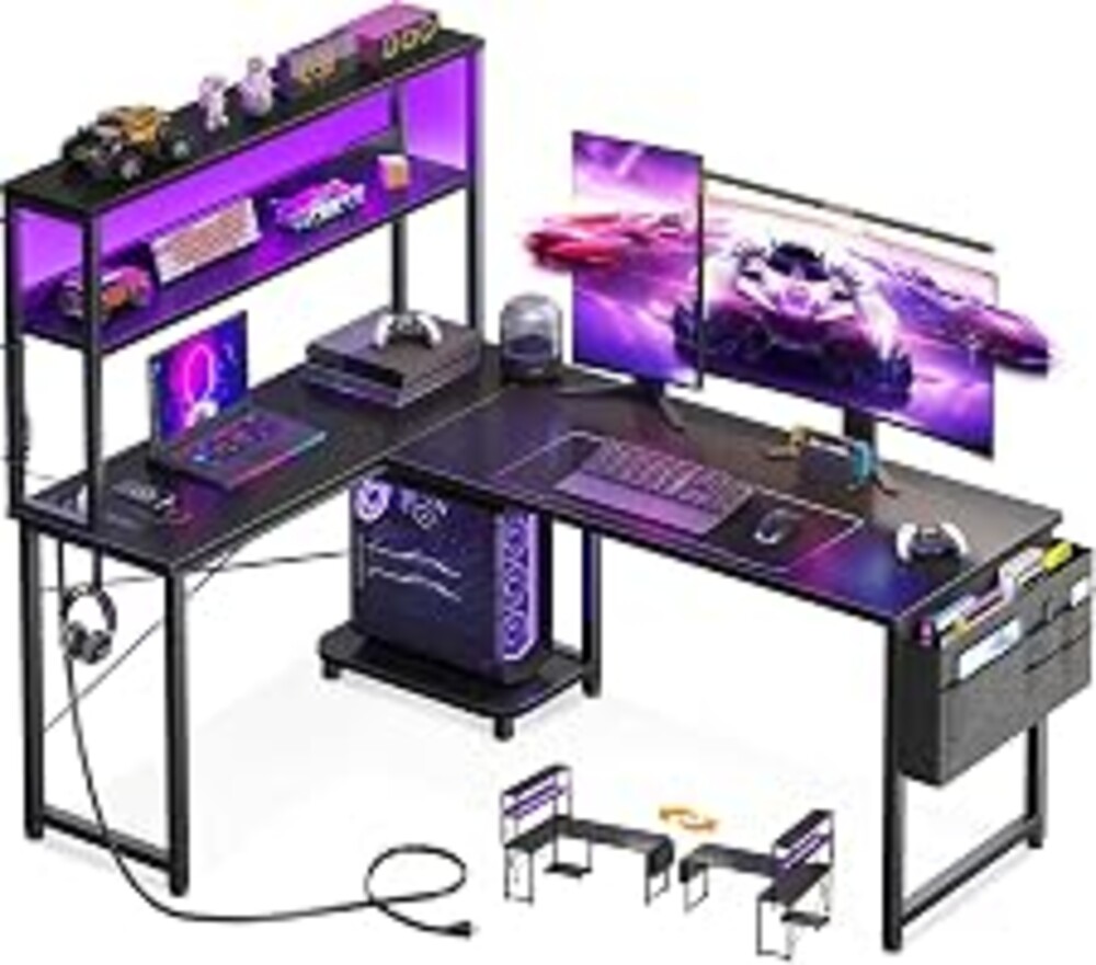 AODK L Shaped Desk Gaming Desk with LED Light & Power Outlet | 53 Inch Black Reversible L Shaped Computer Table with Shelf & Storage Bag & Hook for Home Office